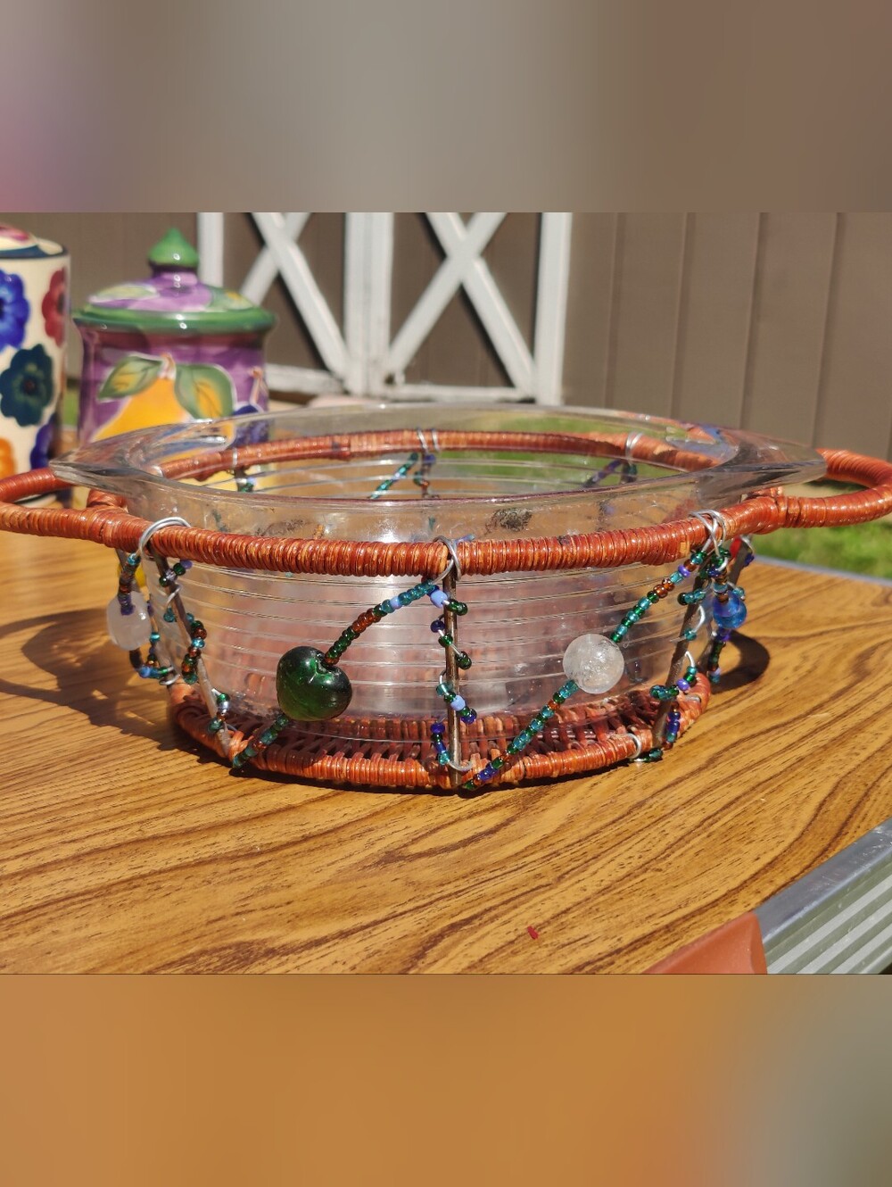 Beaded Basket Or Fruitbowl With Glass Dish Insert